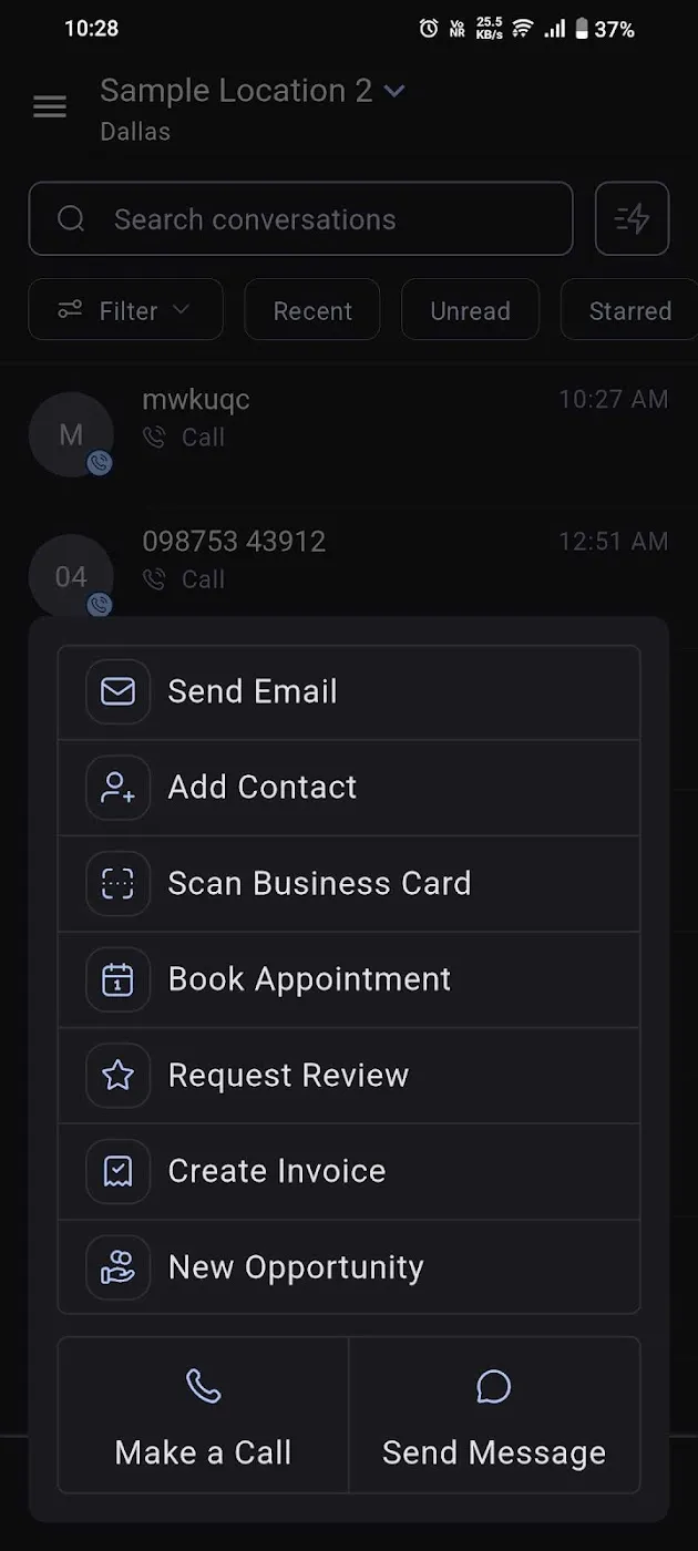 SMBcrm mobile Conversations inbox with calls, search, and a quick-action sheet open