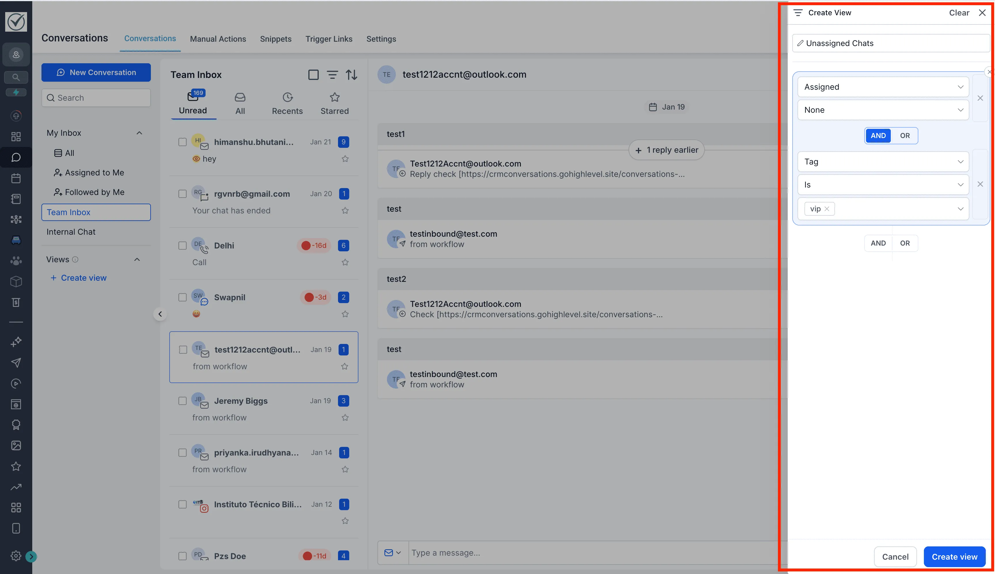 Filter selection interface for creating a Conversation View in SMBcrm