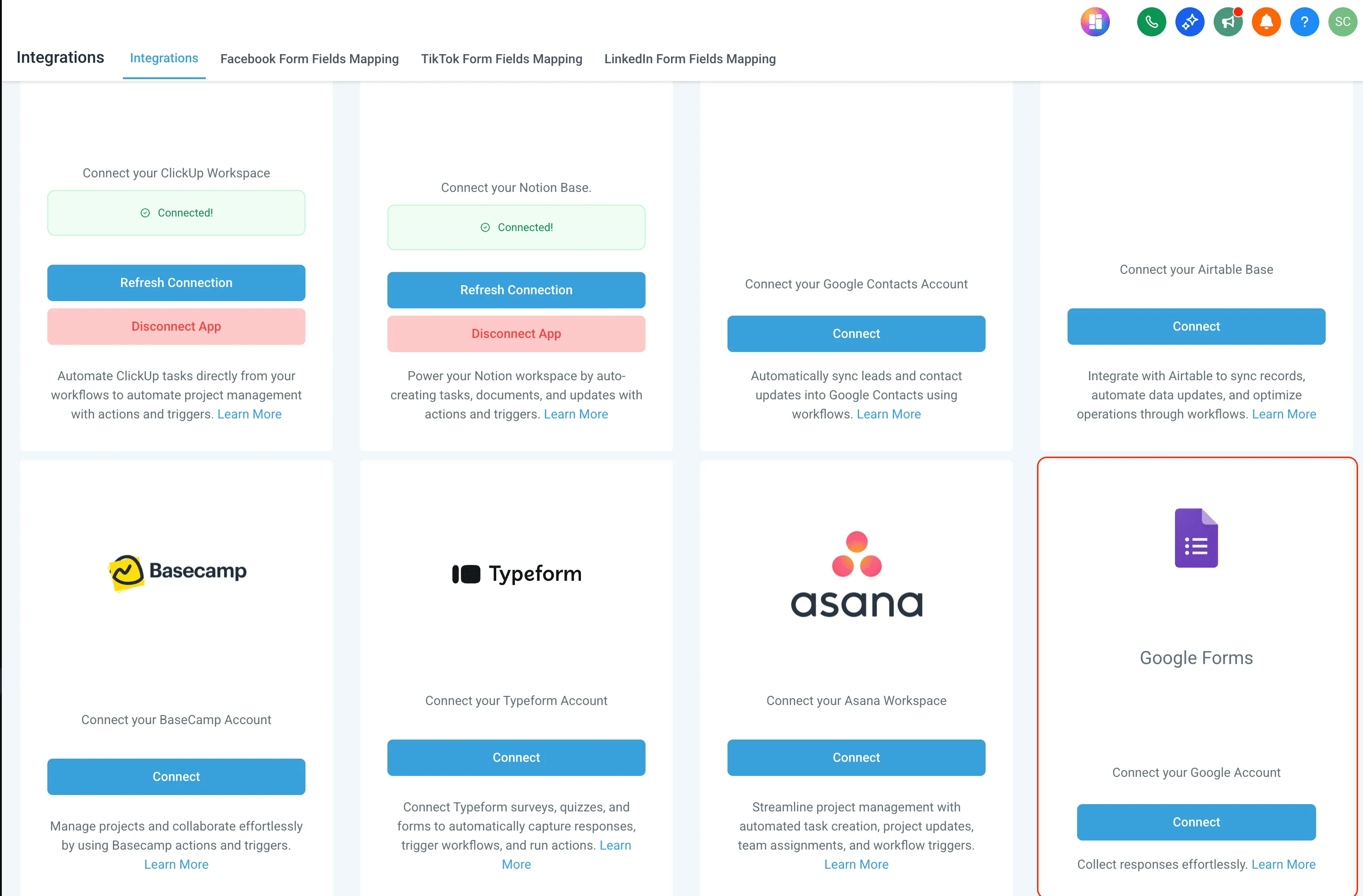 Google Forms integration management in SMBcrm Settings