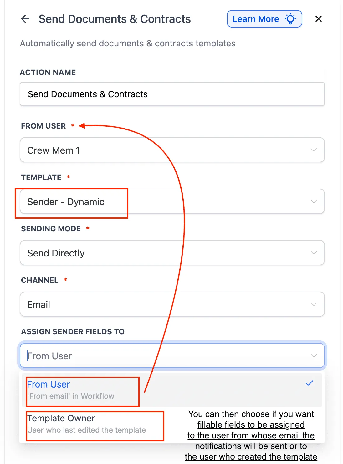 Assign Sender Fields options showing From User and Template Owner in SMBcrm