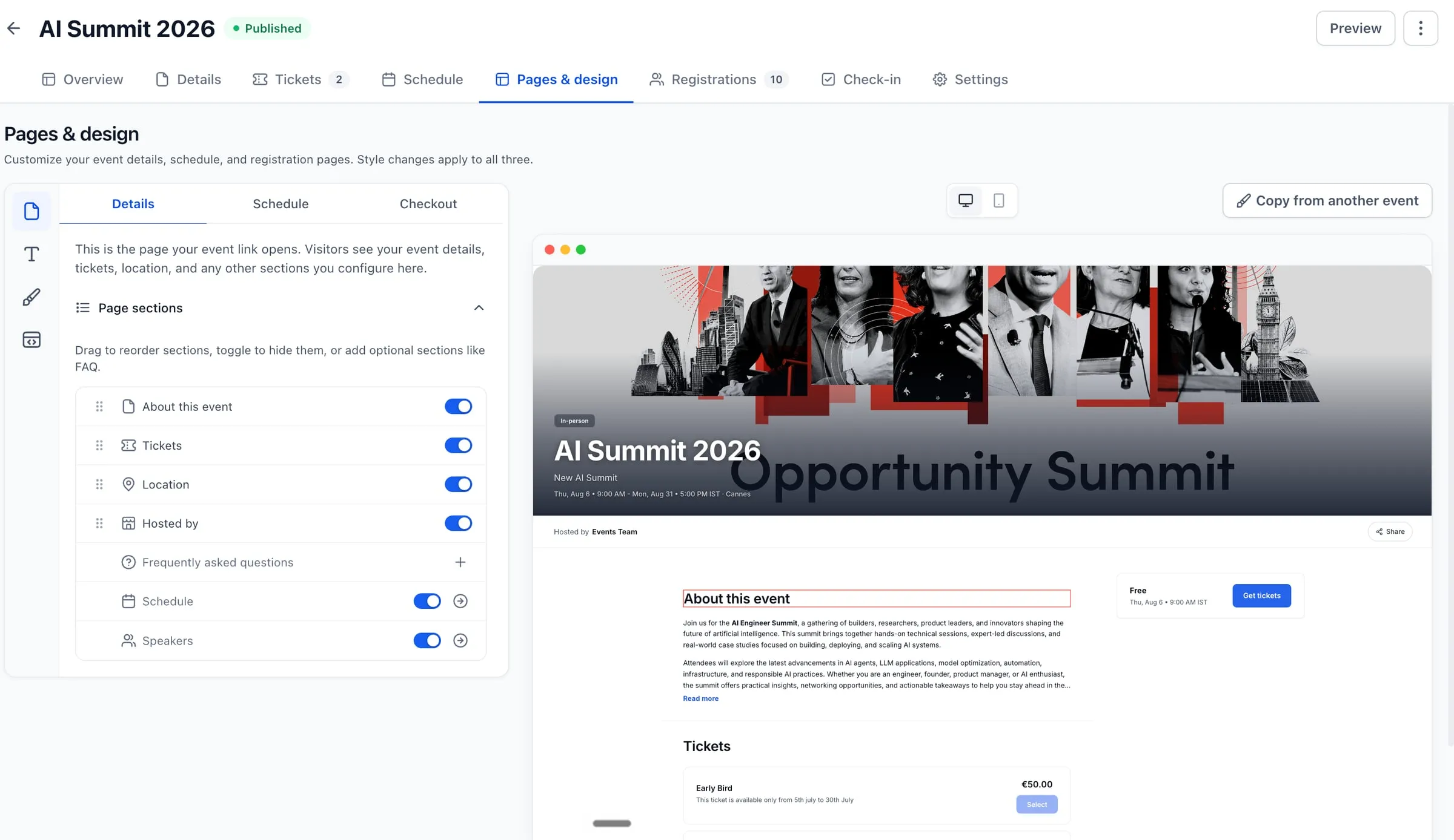 Event page builder in SMBcrm showing draggable page sections beside a live preview of a published event page