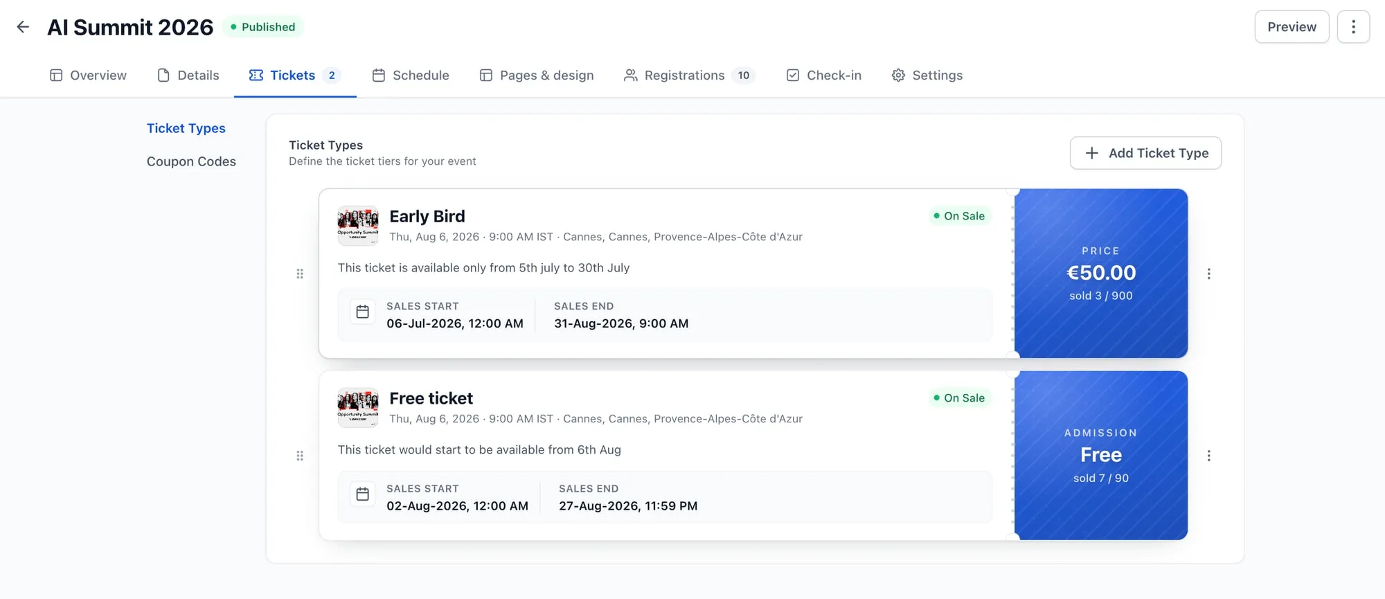 Ticket Types panel in SMBcrm Events with an Early Bird paid tier and a free admission tier, each with sales windows and inventory