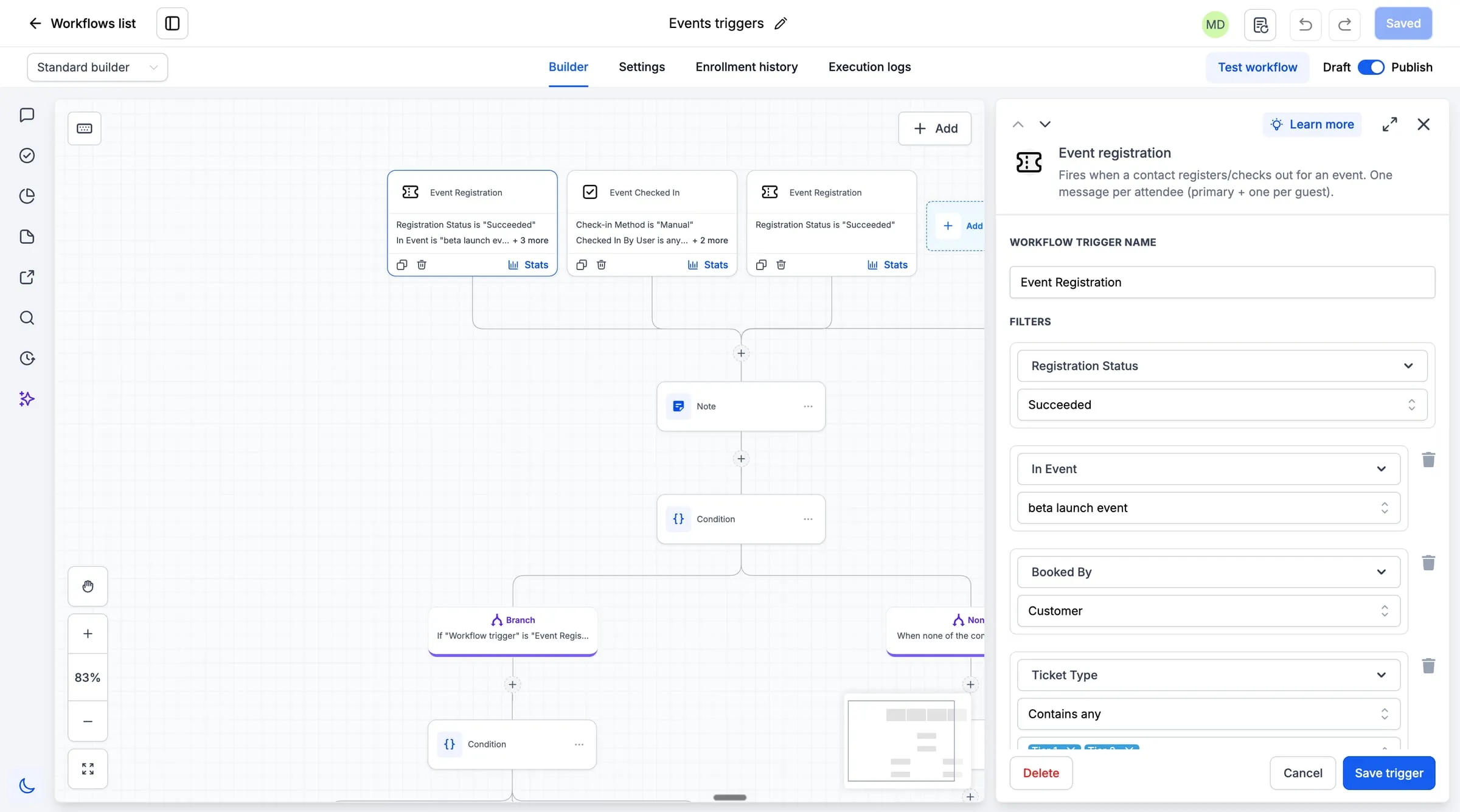 SMBcrm workflow builder with Event Registration and Event Checked In triggers filtered by registration status and ticket type