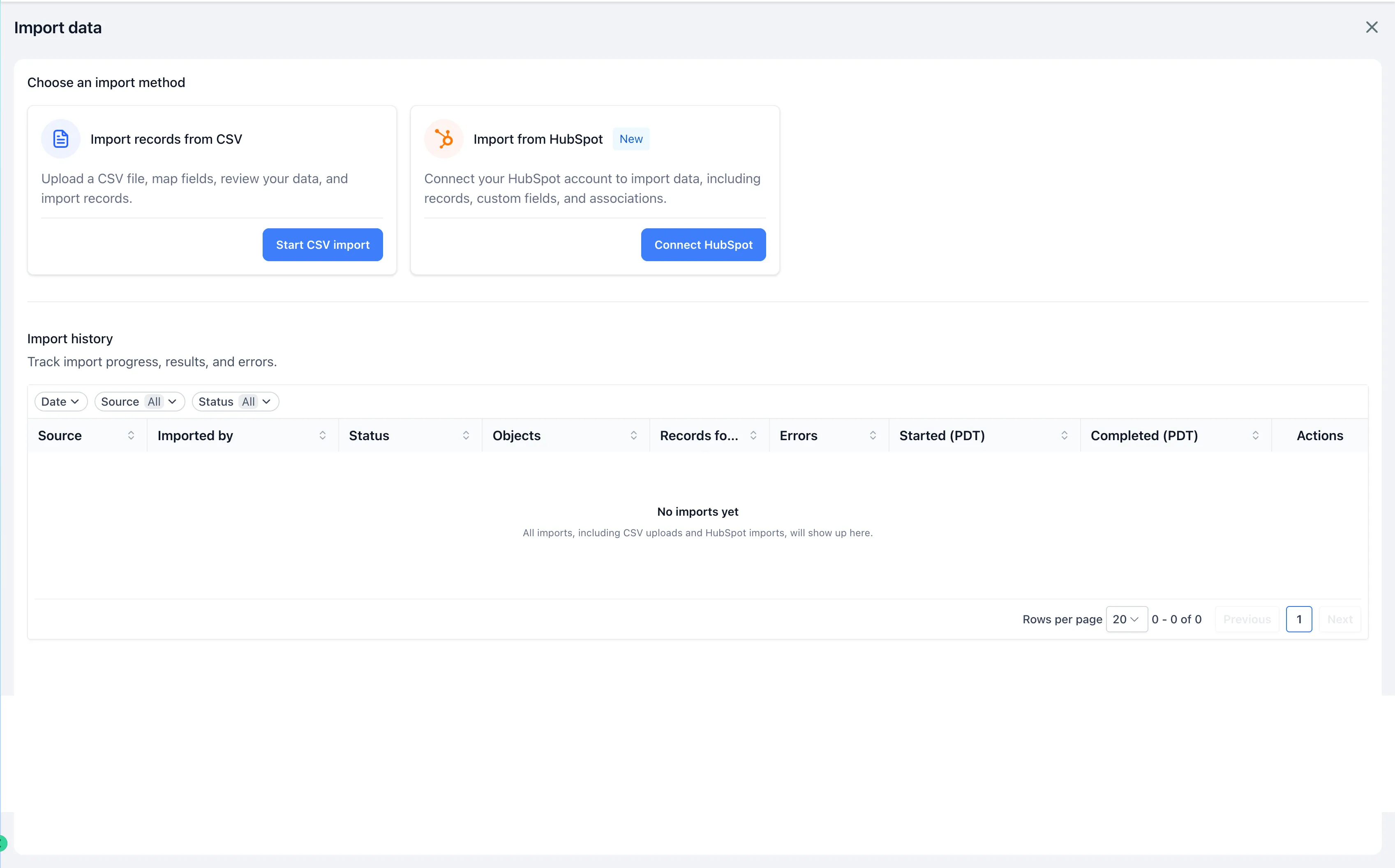 SMBcrm Import data page with CSV import on the left, Connect HubSpot on the right, and Import history below.