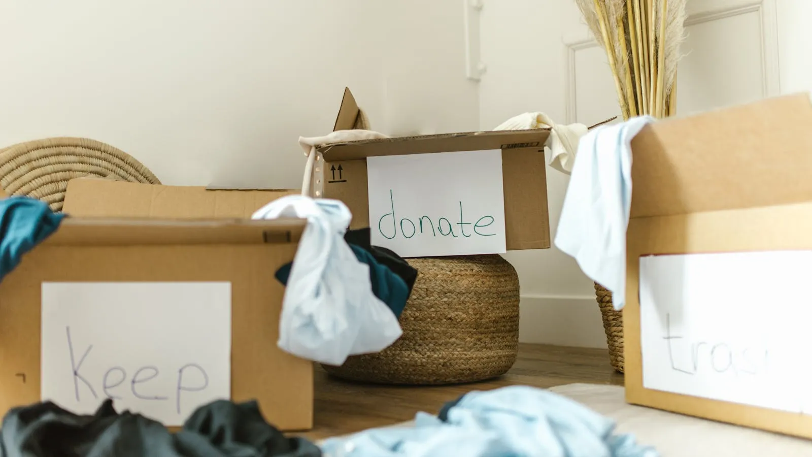 Boxes labeled keep donate and trash during a home cleanout