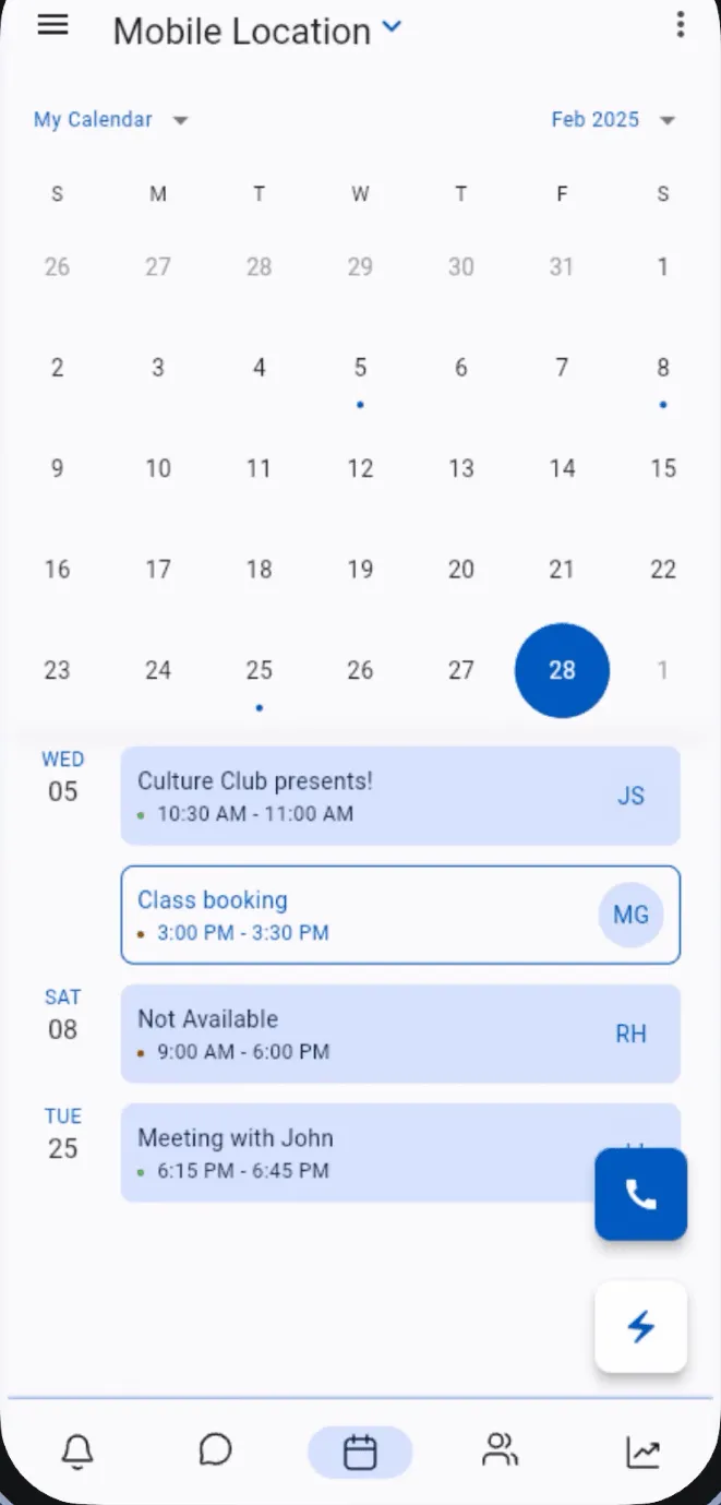 SMBcrm mobile Calendar month view for February 2025 showing Culture Club, Class booking, and Meeting with John events
