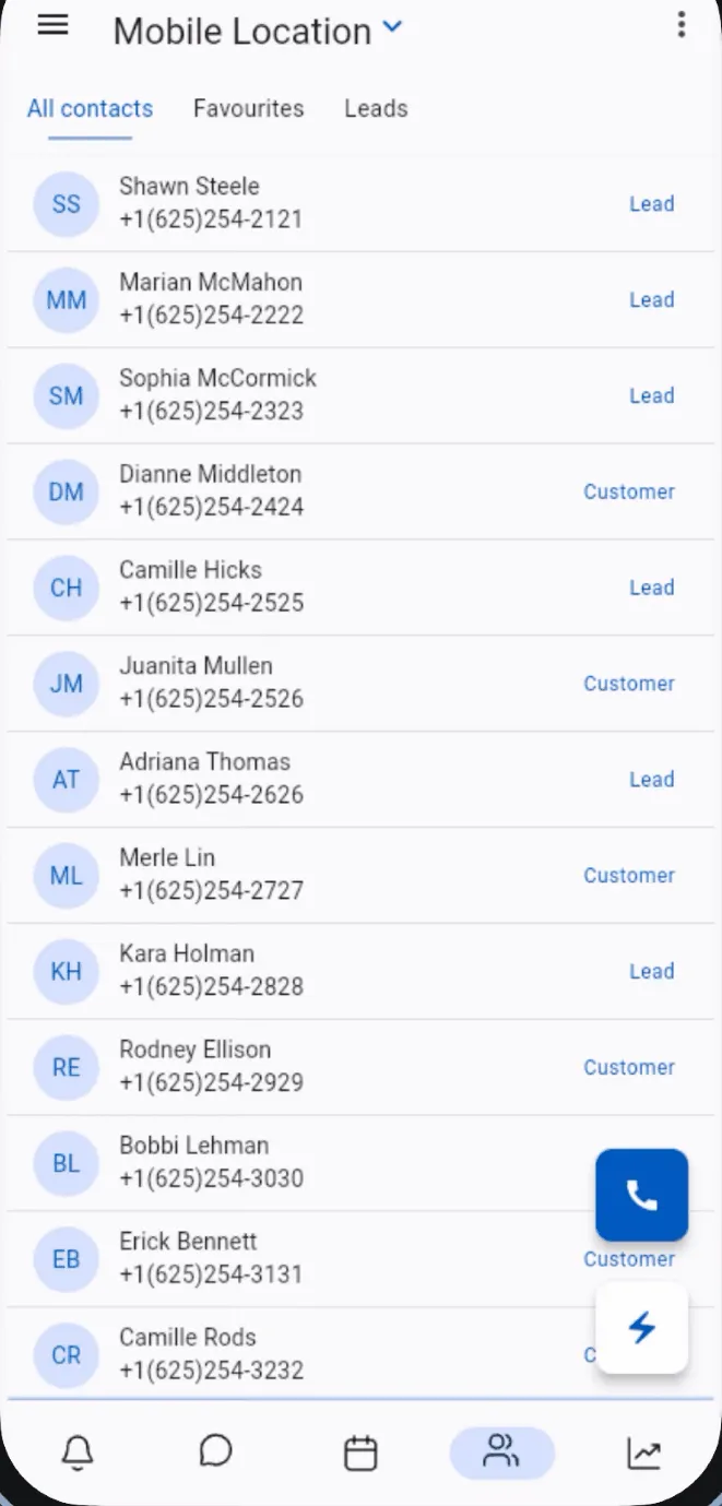 SMBcrm mobile Contacts list showing Lead and Customer status labels beside each contact