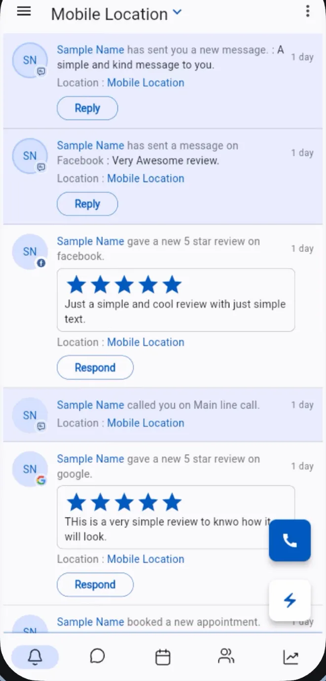 SMBcrm mobile notifications feed showing Facebook and Google 5-star review cards with Respond buttons, plus message and appointment alerts