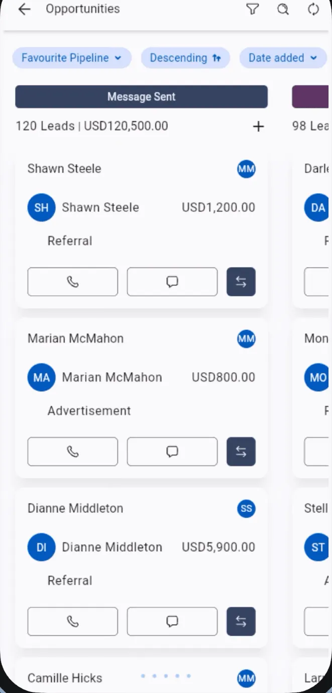 SMBcrm mobile Opportunities kanban showing Message Sent column with 120 leads and USD120,500 in value, deal cards with call and chat buttons