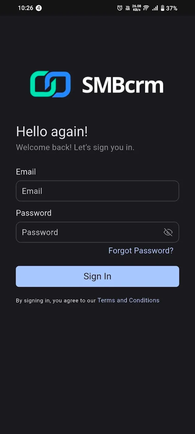 SMBcrm mobile app sign-in screen with the SMBcrm logo