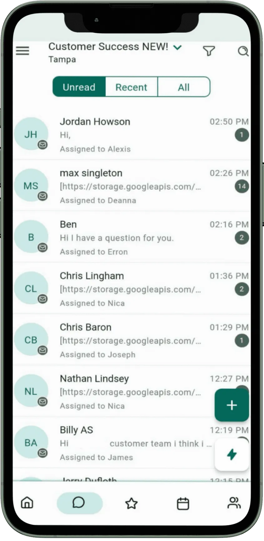 SMBcrm mobile app interface showing chat and messaging features