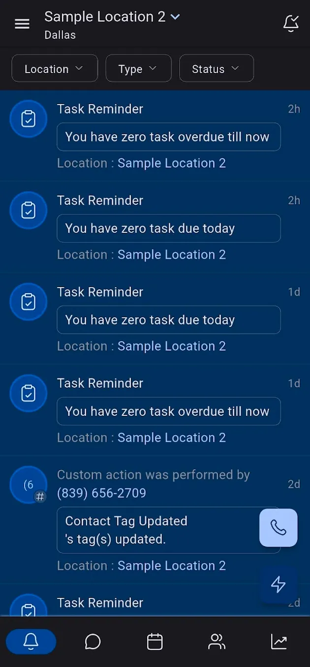 SMBcrm mobile app notifications feed — task reminders and lead activity alerts
