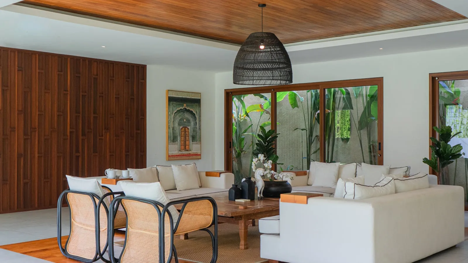 Elegant villa living room prepared for short-term rental guests