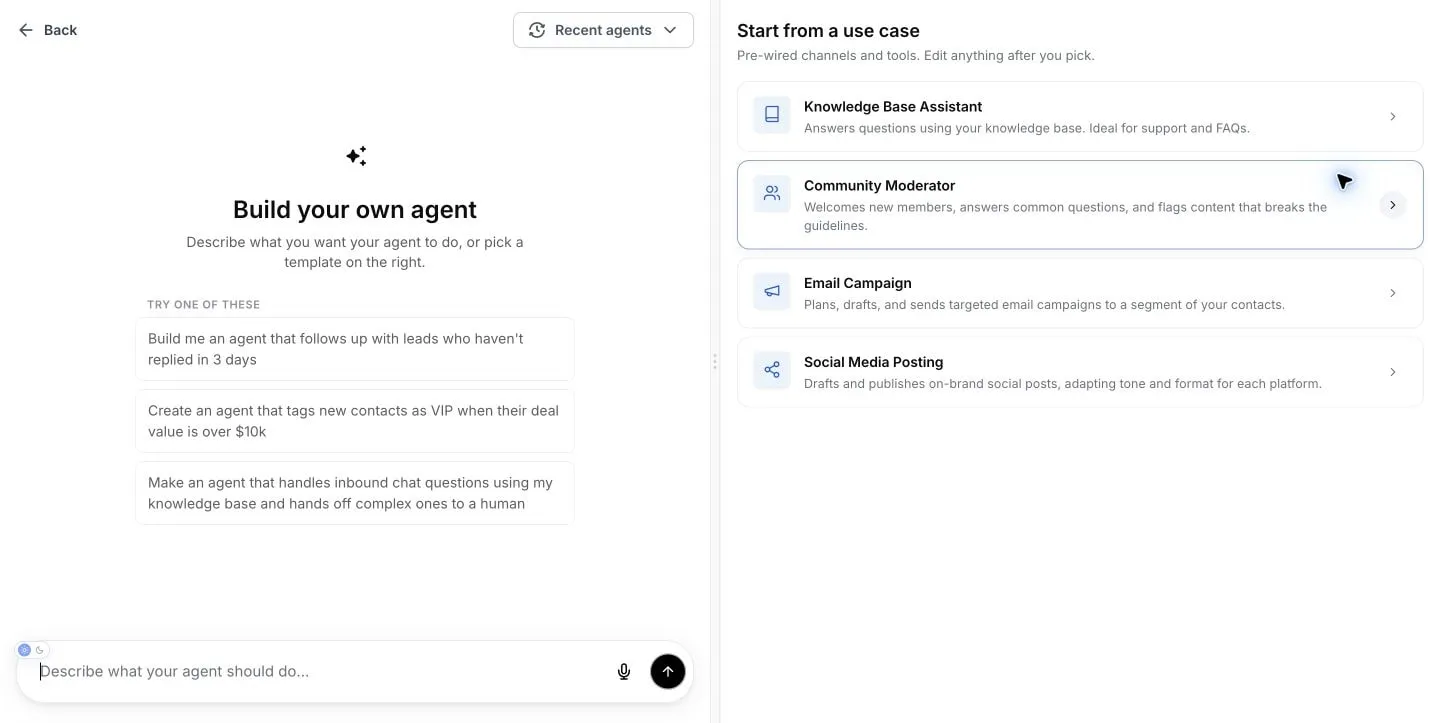 Super Agents create screen in SMBcrm — describe your agent in plain English or pick a starter use case