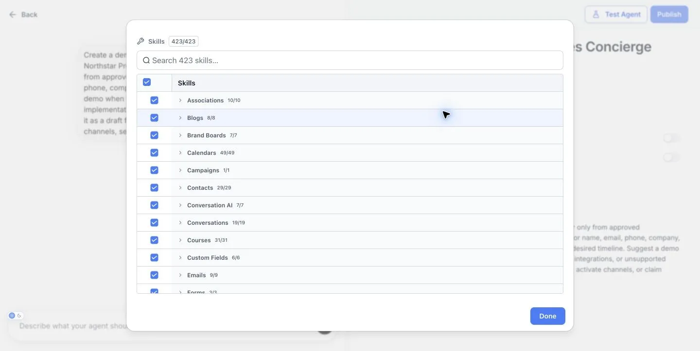 Super Agents skills panel in SMBcrm showing 420+ permission-scoped CRM skills