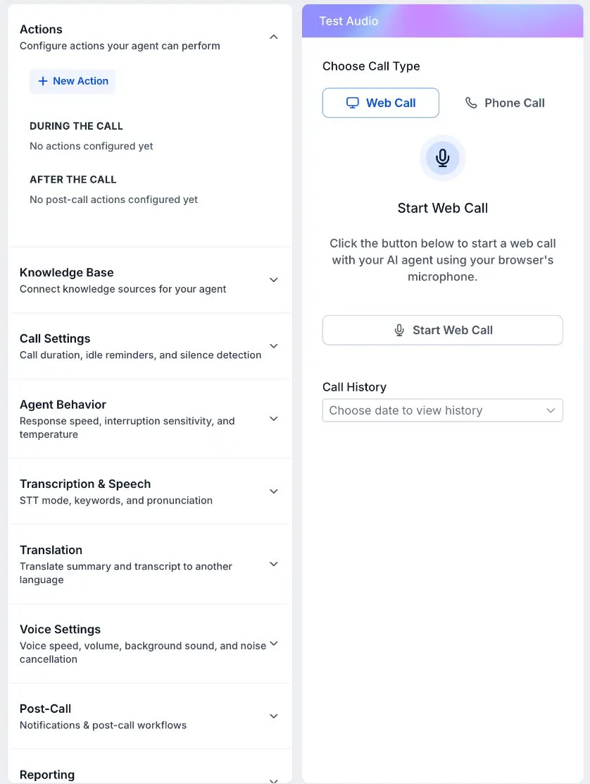 Voice AI agent settings in SMBcrm: actions, knowledge base, call behavior and voice settings, beside a test panel with a Start Web Call button.