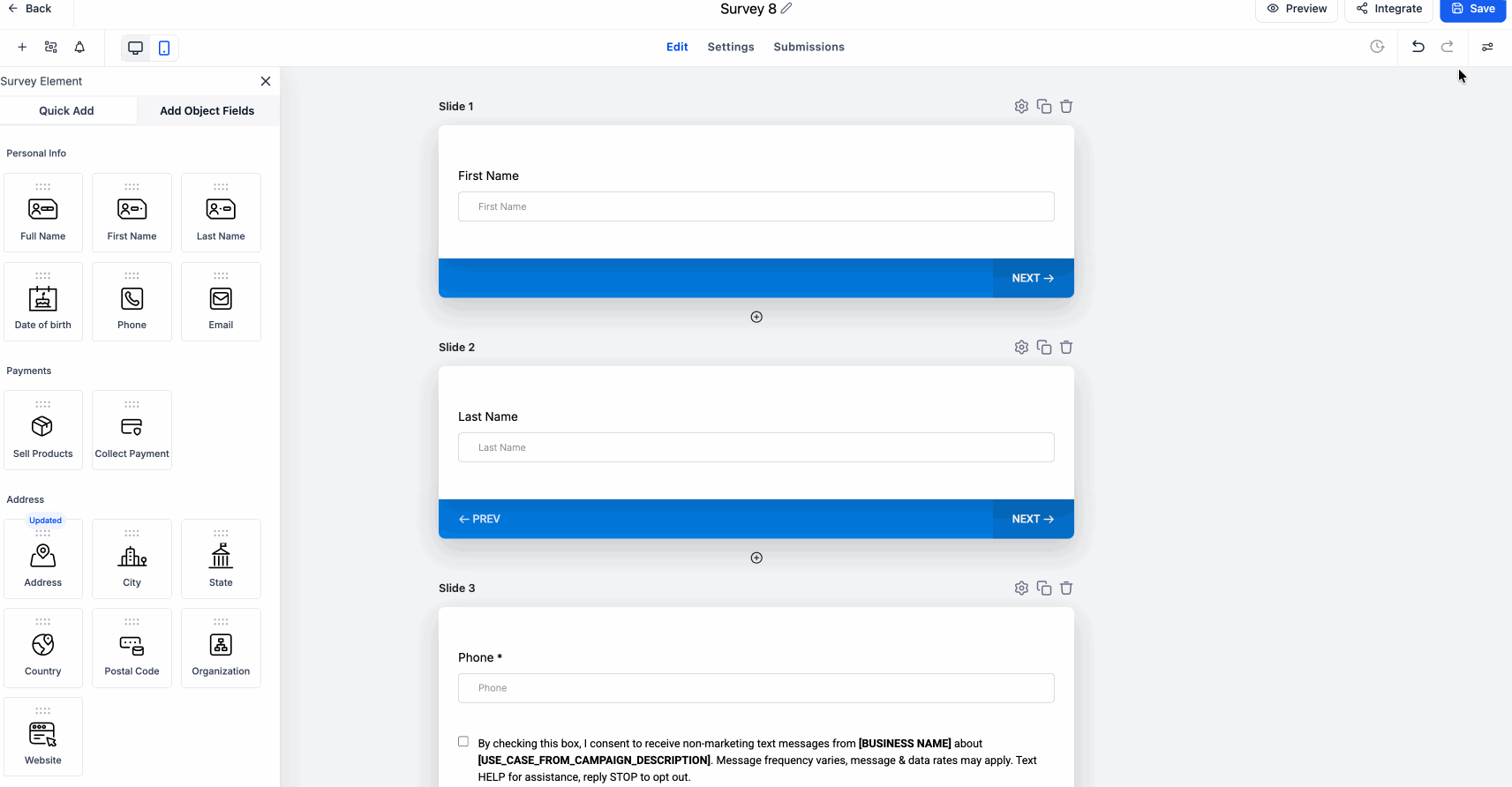 Survey slide image layout controls