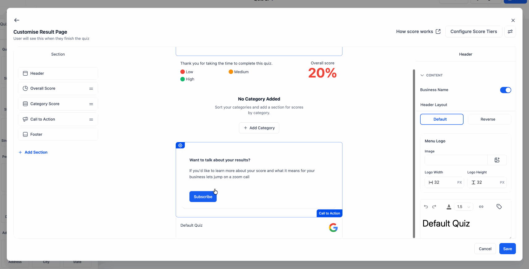 Quiz results page preview navigation