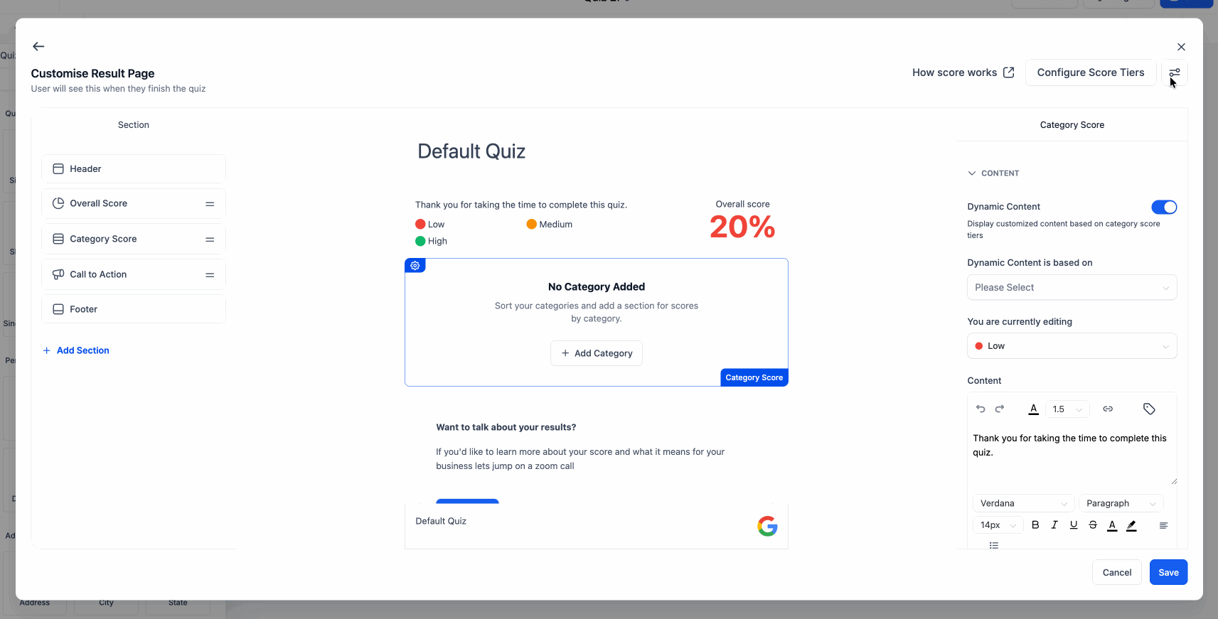 Quiz results page section editing